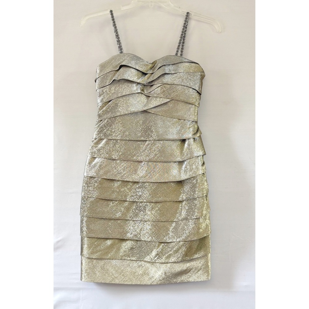 Rene Ruiz Collection Gold Metallic Tiered Mini Cocktail Dress Size 2 Sweetheart